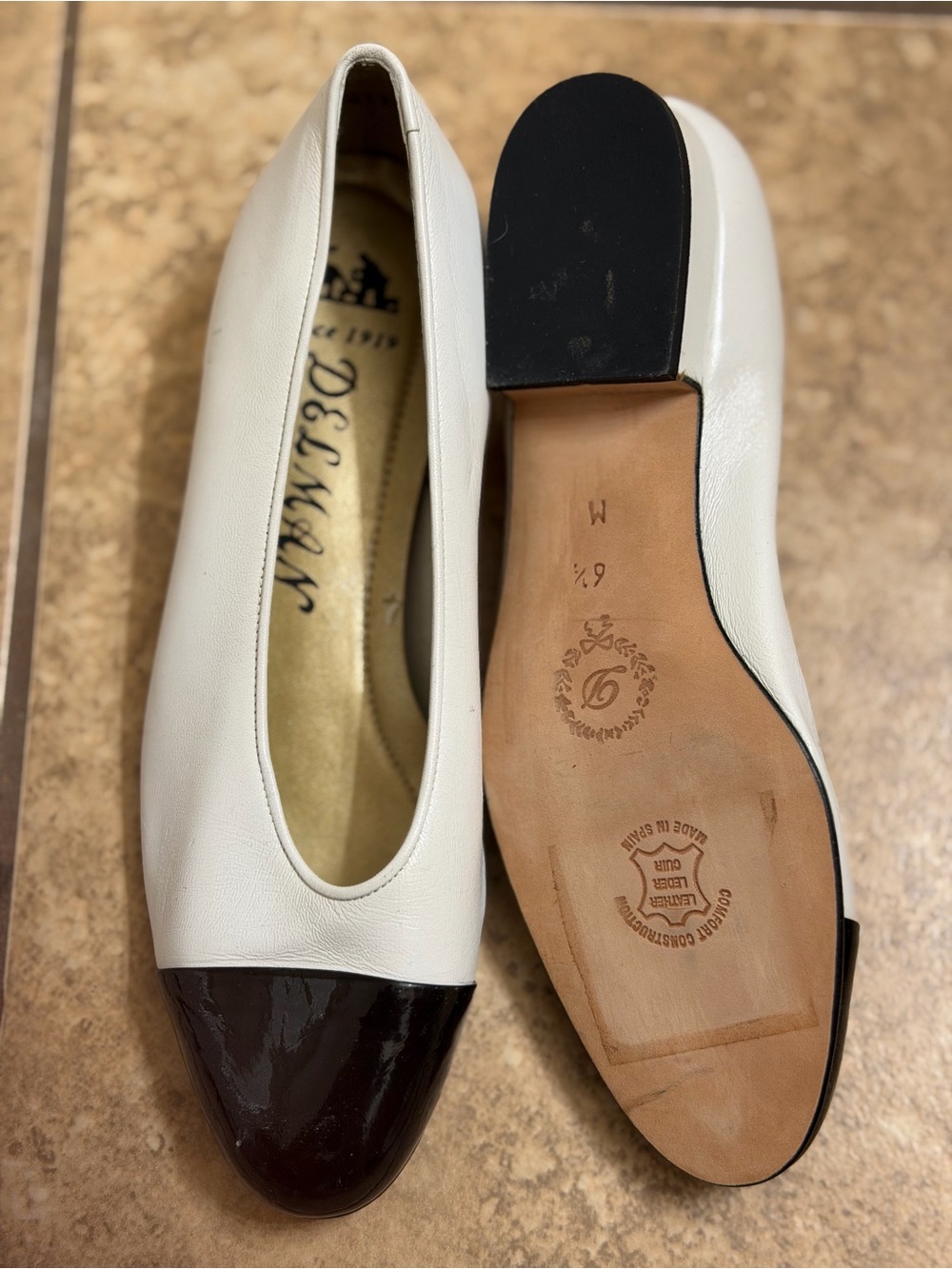 Delmar Two-Tone Leather Cap-Toe Ballet Flat in White and Black 6.5 N NWOT